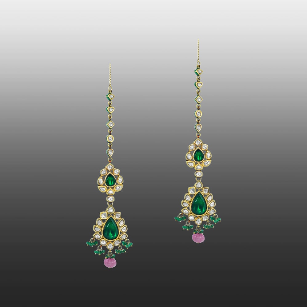 Polki Diamond Necklace Set with Green Stone and Pink Beads